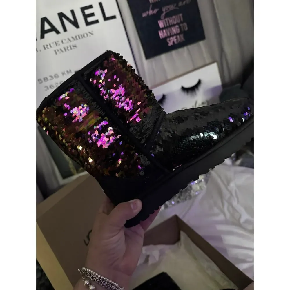 UGG Classic ankle  black /iridescent rainbow flip Sequin boot in  bling sz 7 nib